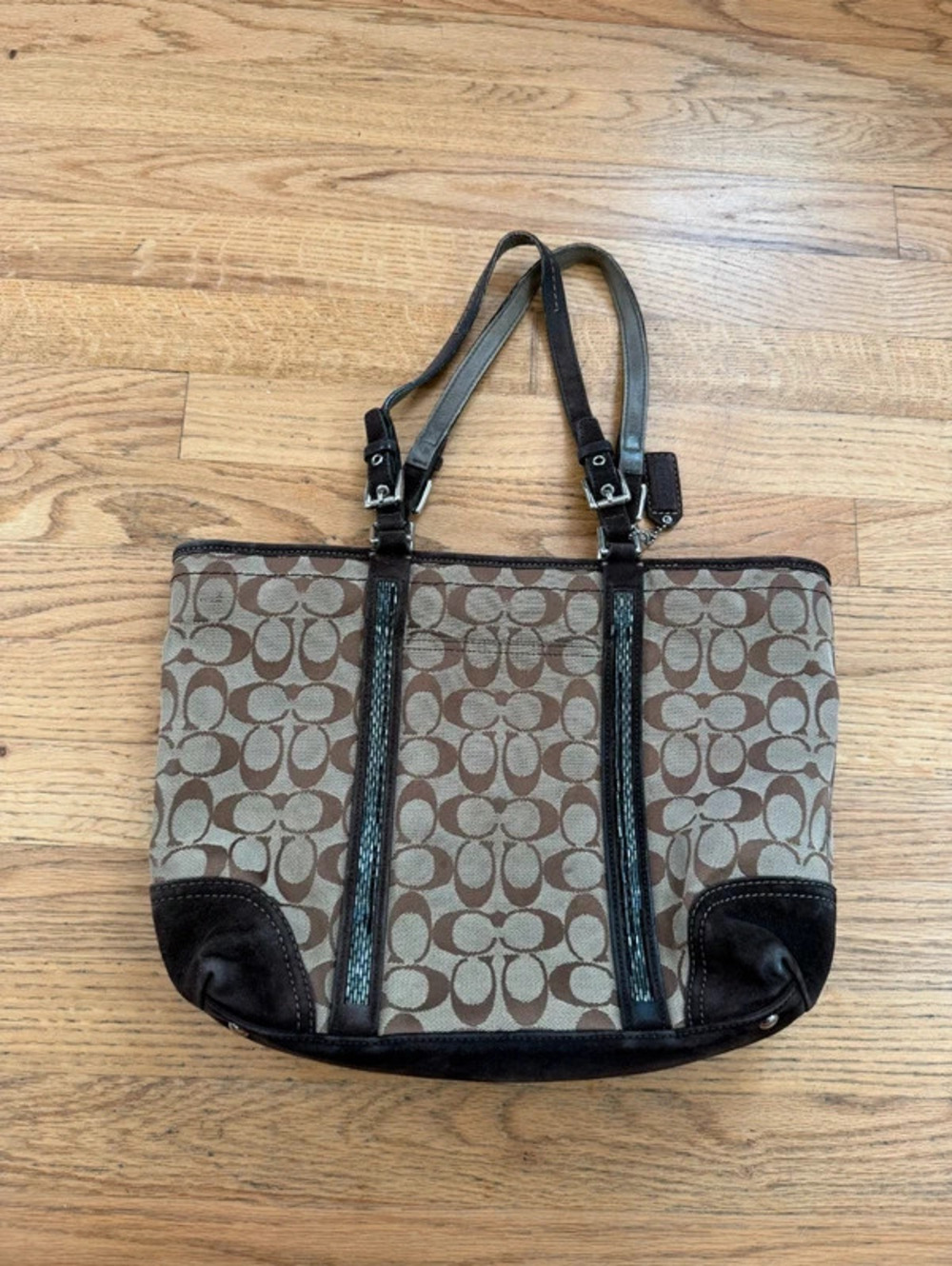 Vintage Coach Beaded Signature Gallery Tote Bag Brown and Tan
